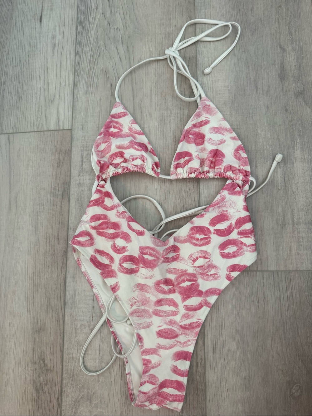 Frankie's Bikinis White One-Piece with Pink Lip Print